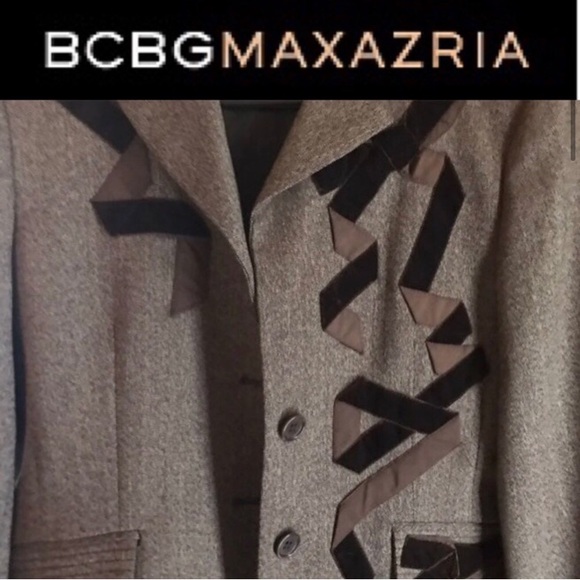 BCBGMAXAZARIA retro designer Women’s Blazer Jacket Brown Tweed & Velvet - Picture 5 of 12
